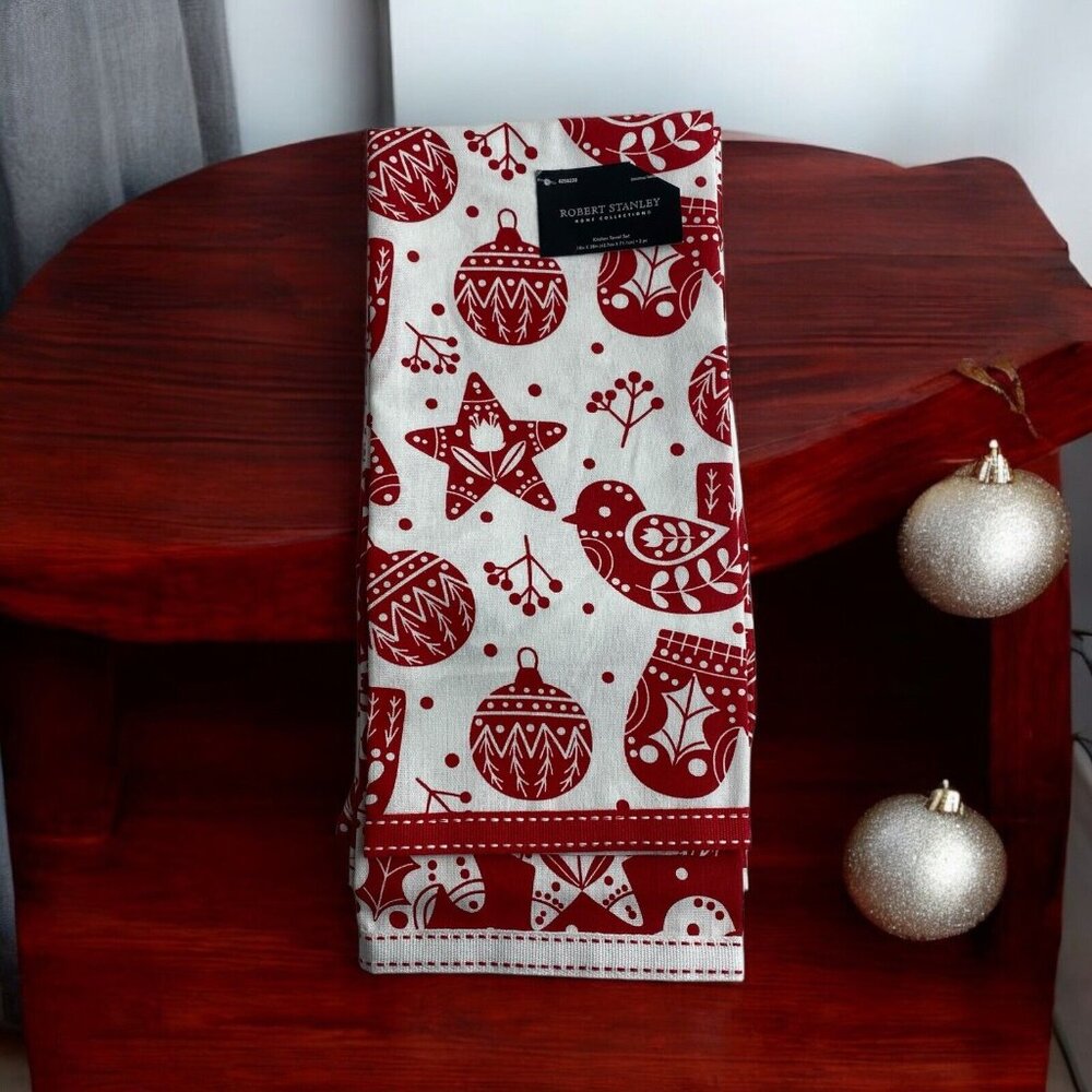 Robert Stanley Red White Ornament set of 2 Kitchen Towels 18" x 28" NEW